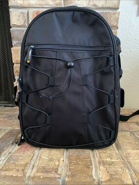 Compact Black Camera Backpack with Front Bungee